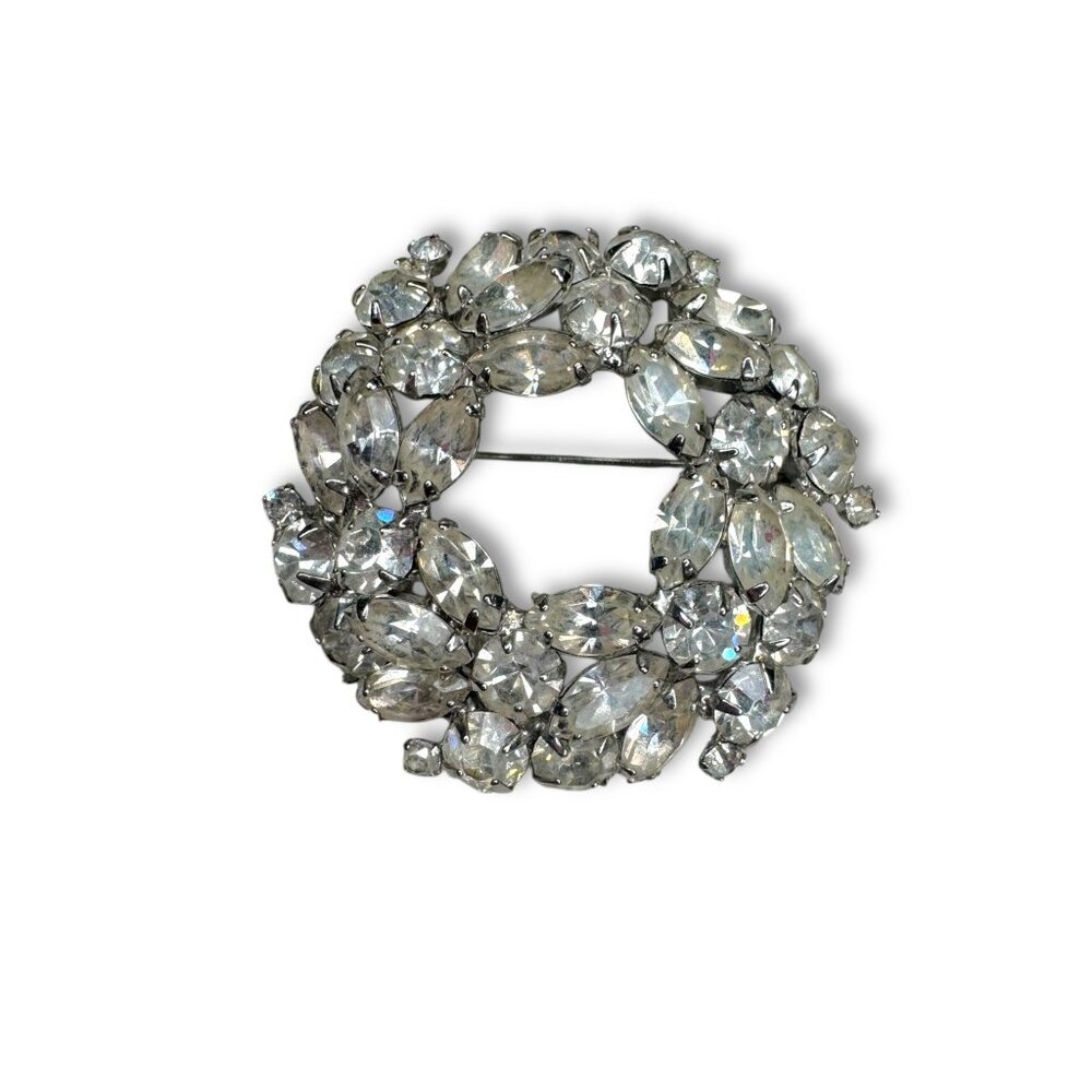 Weiss Silver Tone Clear Crystal Wreath Brooch Vintage - Picture 1 of 9